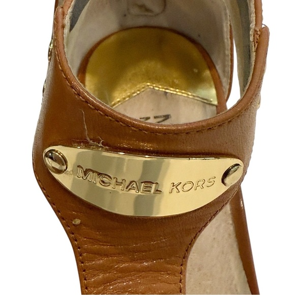 Michael Kors Women's MK Plate Wedge Espadrilles Luggage Leather Logo Size 7.5 - Picture 6 of 9